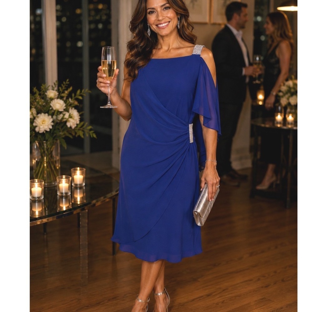 MSK Royal Blue Cold Shoulder Draped Sheath Dress Rhinestone SZ SMALL NWT